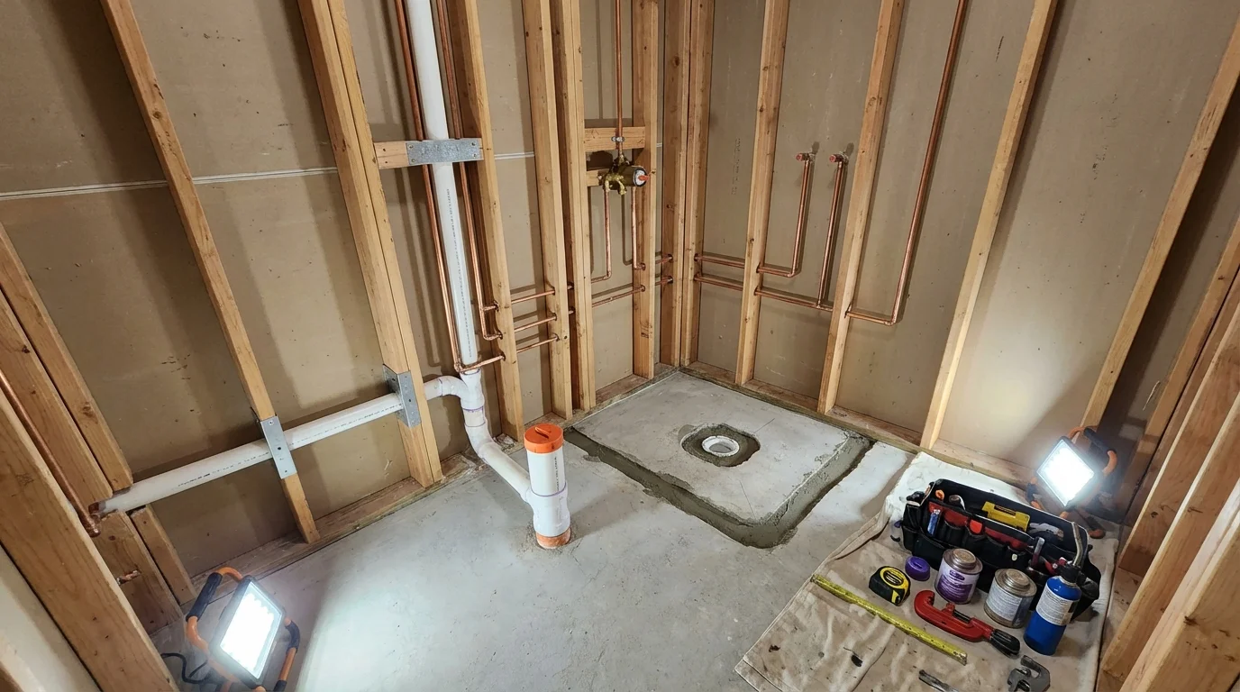 Bathroom rough-in plumbing during remodel by Johns Plumbing LLC in Winnsboro