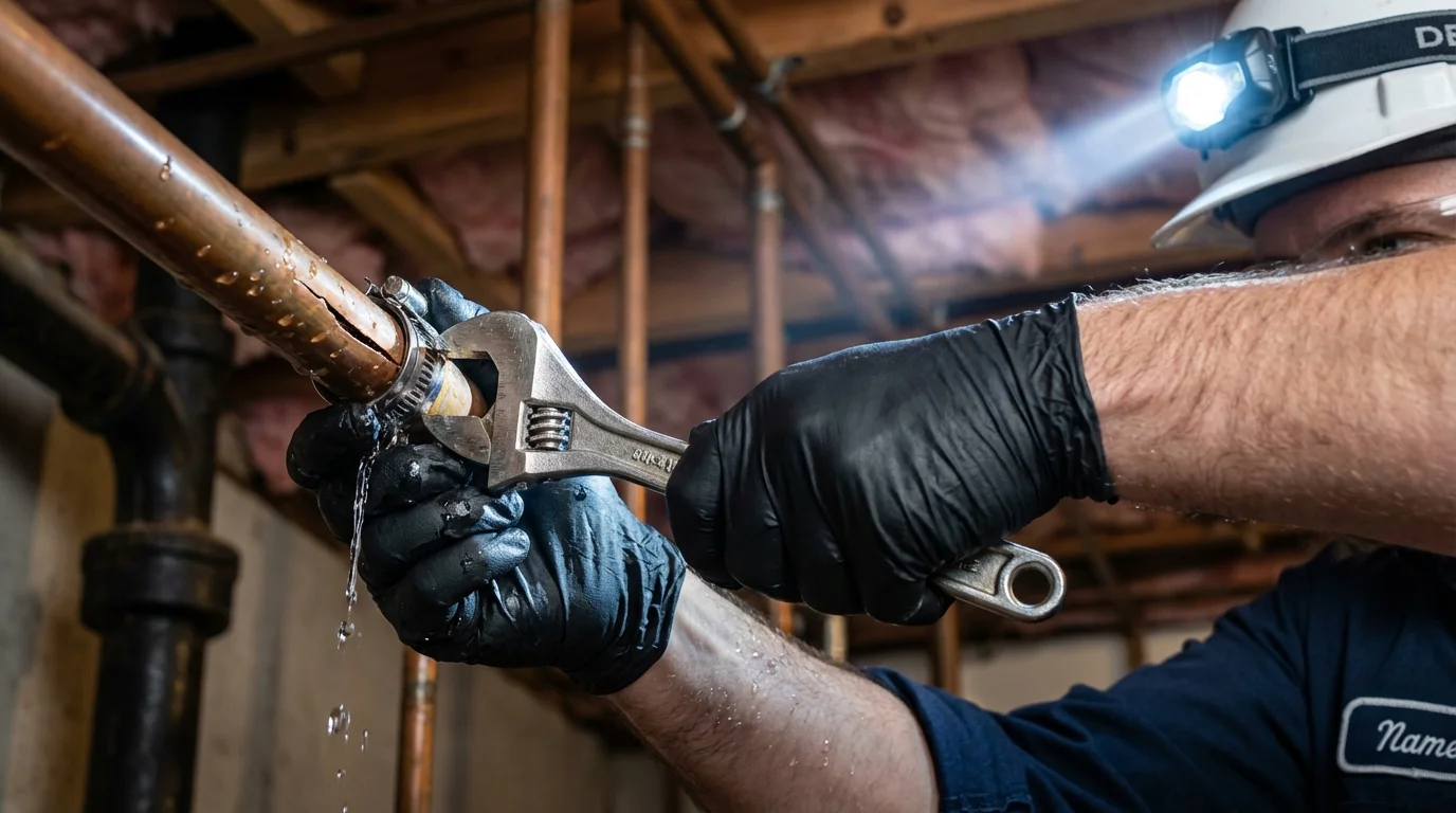 Emergency pipe clamp repair being performed by a Johns Plumbing LLC plumber in Winnsboro