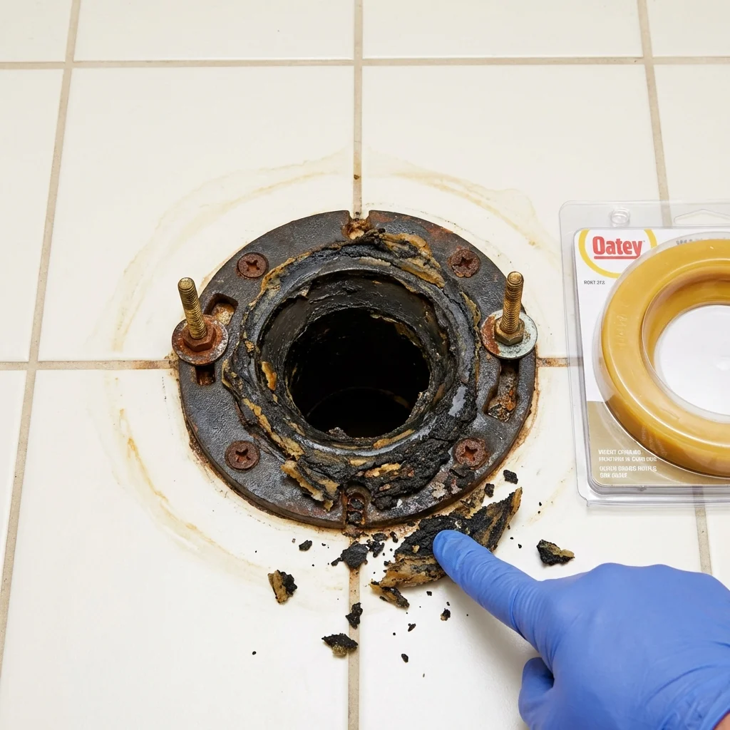 Failed wax ring showing water seepage at the base of a toilet in a Winnsboro, SC home