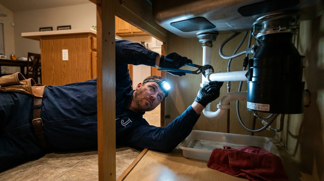 P-trap and supply line connections under a kitchen sink showing a common leak point in Winnsboro, SC